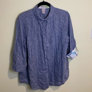 Chico’s no iron chambray button down blouse w/ patterned accent trim. Size 3/XL